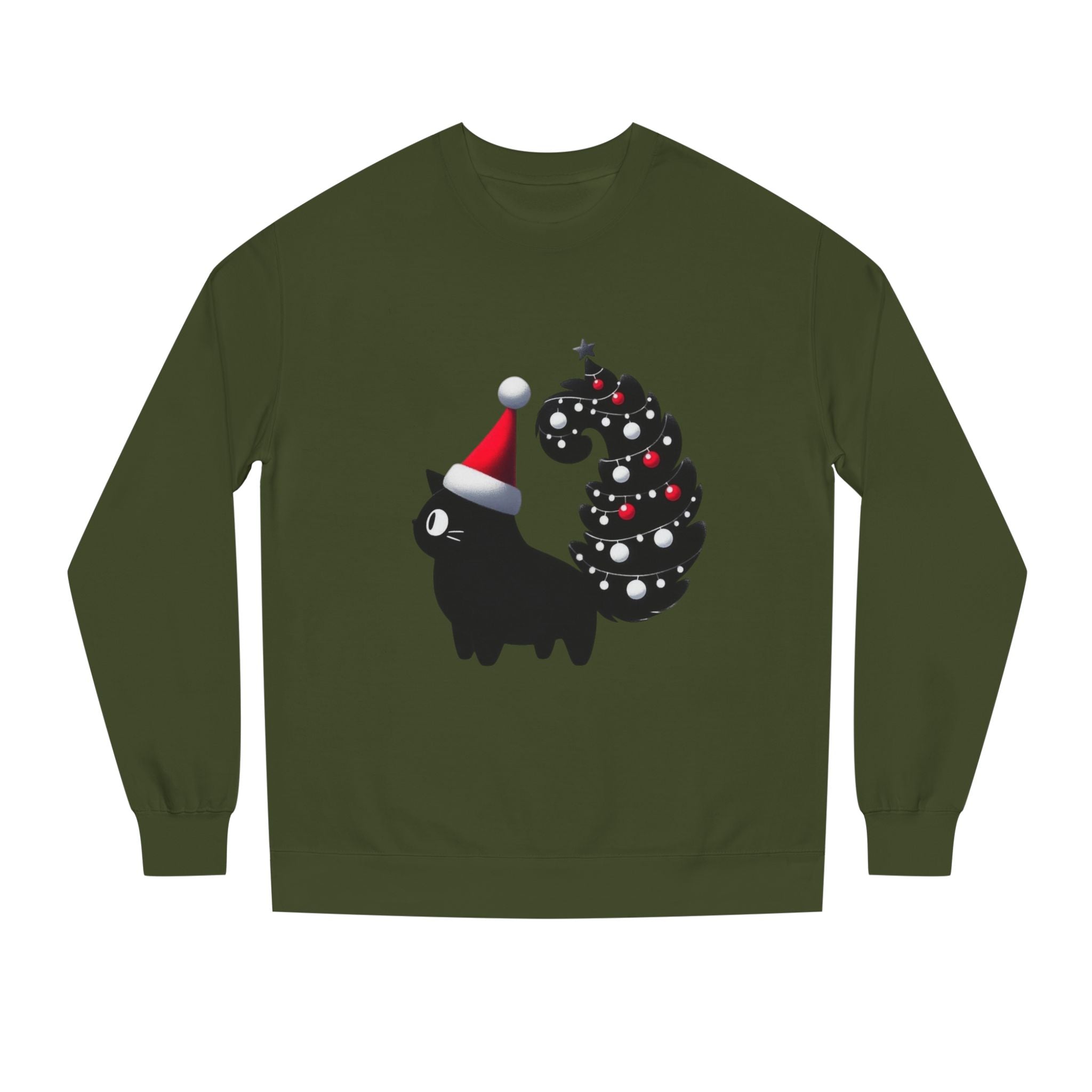 Christmas Black Cat Sweatshirt — Cute Cat with Santa Hat & Ornament Tail Holiday Crewneck
