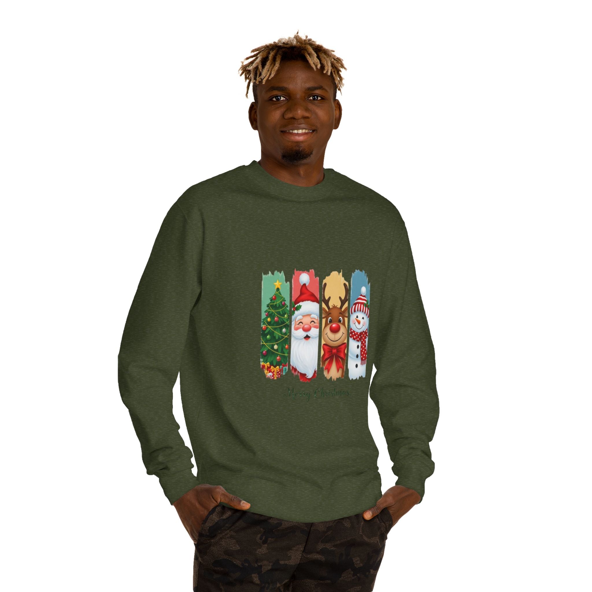 Christmas Characters Crewneck Sweatshirt — Merry Christmas Tree, Santa, Reindeer & Snowman Design