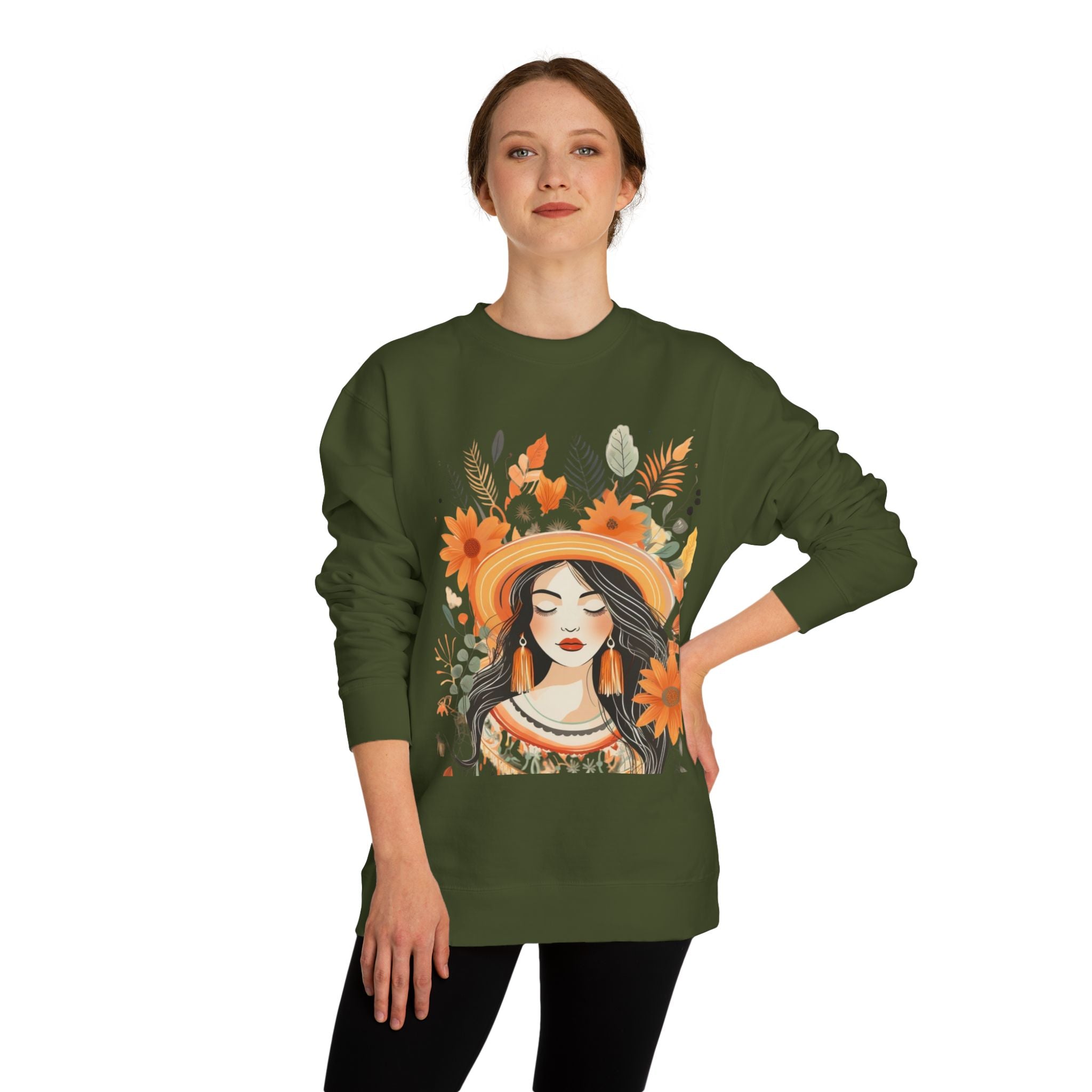 Autumn Bloom Women's Portrait Sweatshirt — Floral Hat Illustration