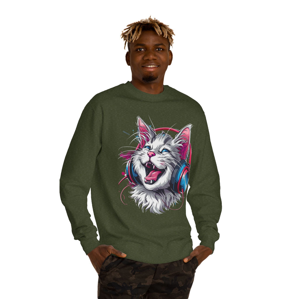 Cat with Headphones Sweatshirt — Vintage DJ Kitty Crewneck