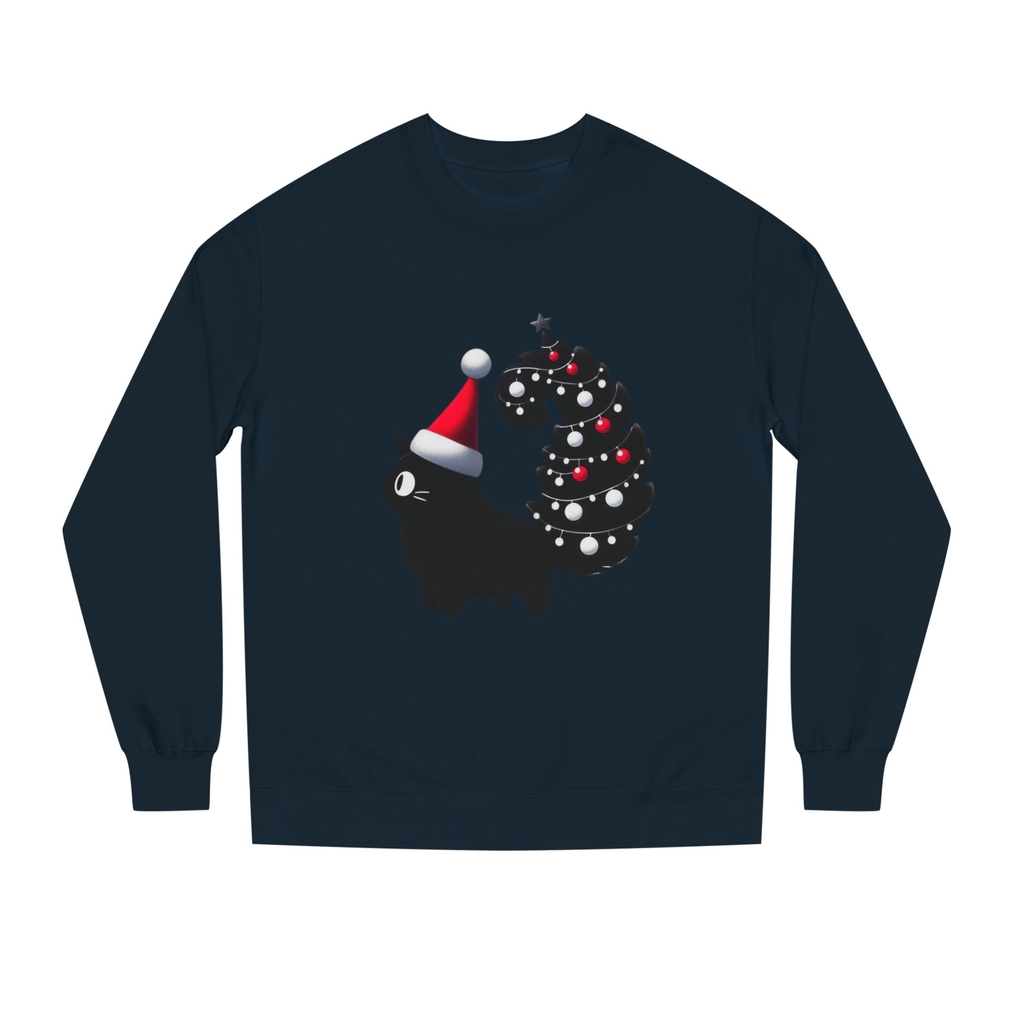 Christmas Black Cat Sweatshirt — Cute Cat with Santa Hat & Ornament Tail Holiday Crewneck