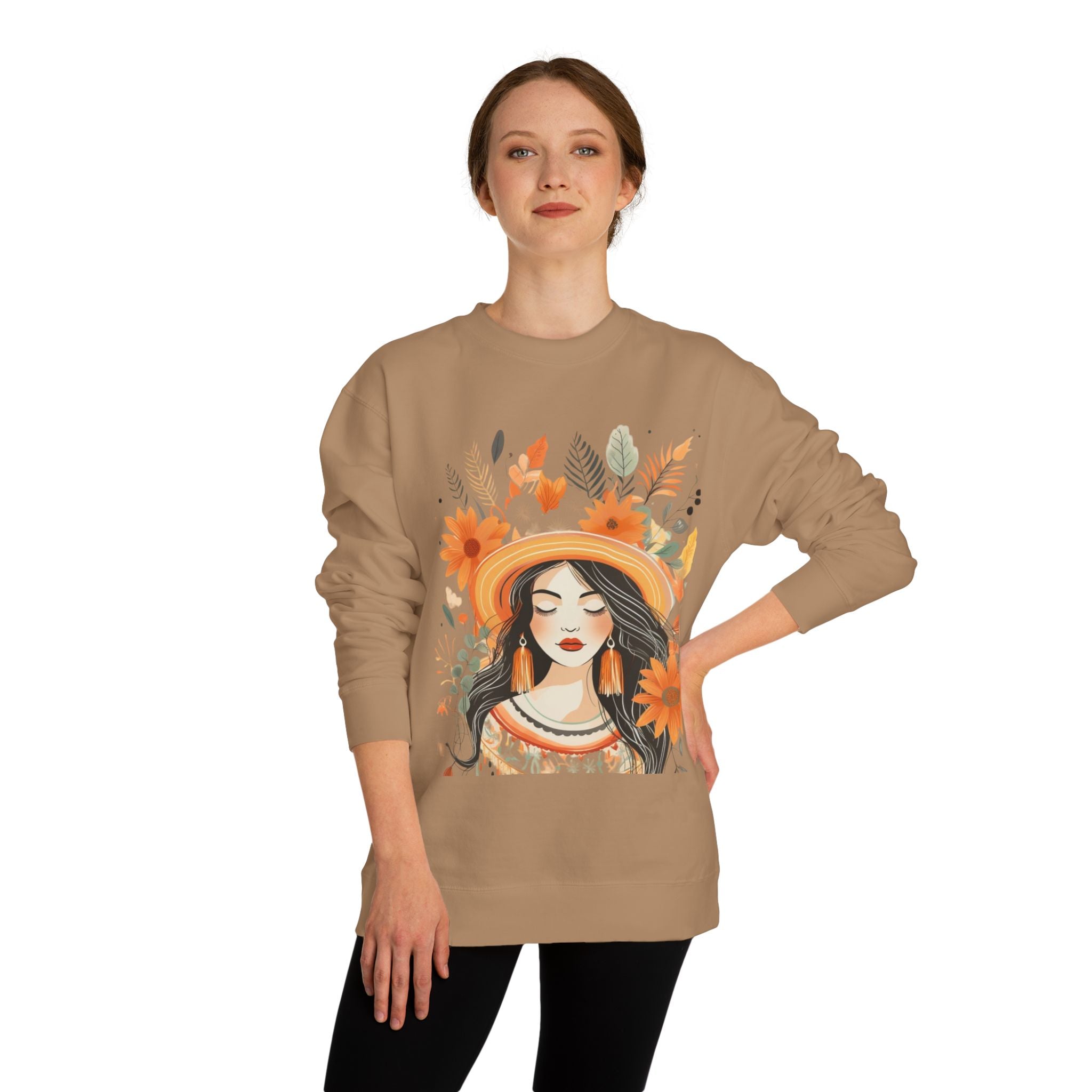 Autumn Bloom Women's Portrait Sweatshirt — Floral Hat Illustration