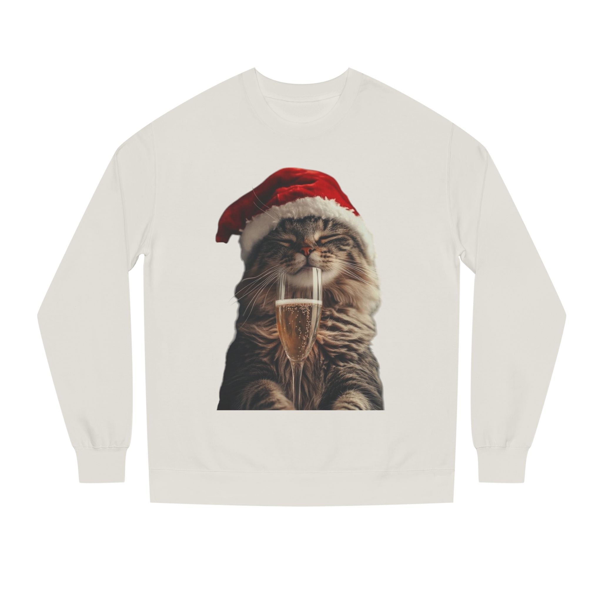 Christmas Cat Sweatshirt — Festive Cat with Santa Hat & Champagne