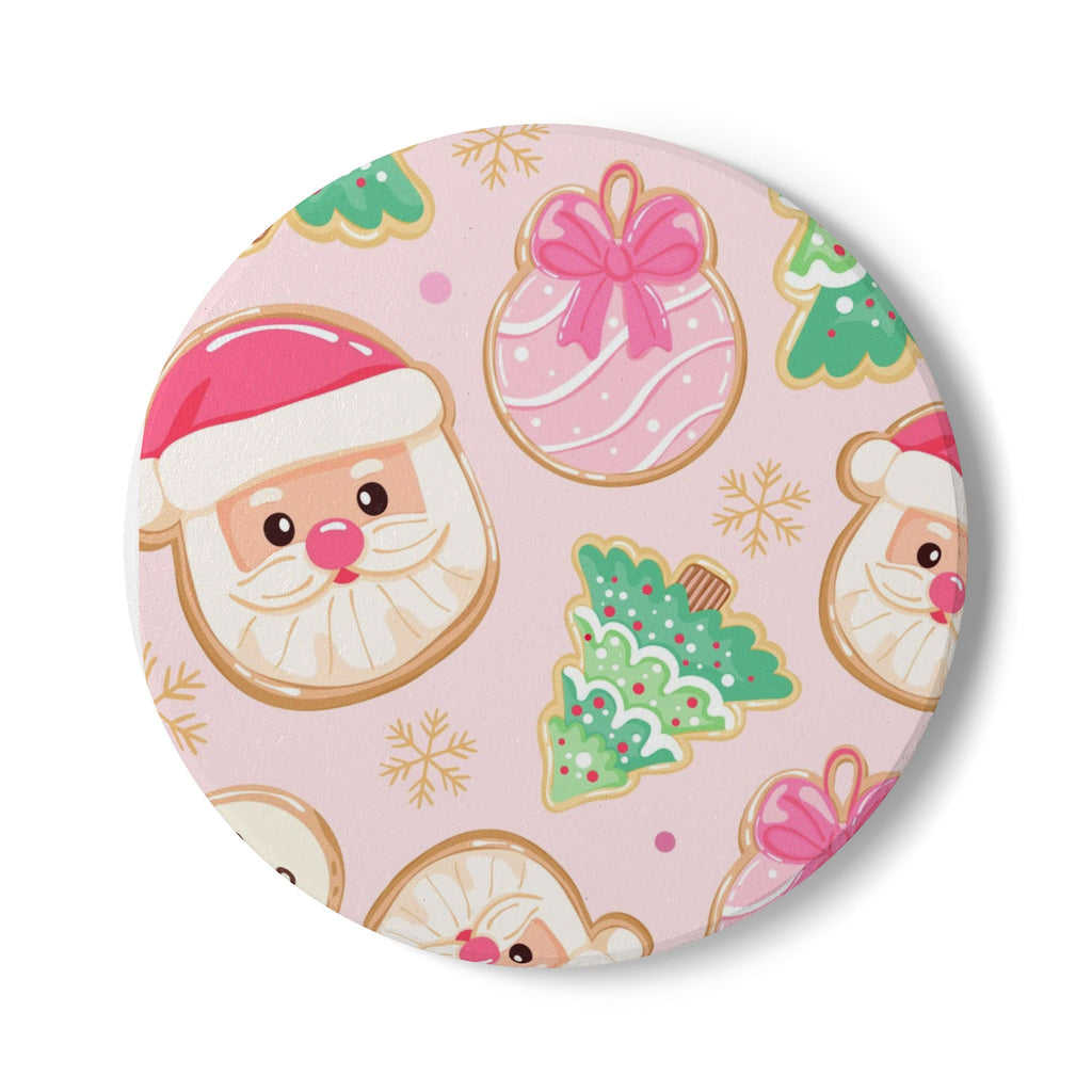 Christmas Santa & Cookies Ceramic Coaster — Cute Pink Holiday Drink coaster