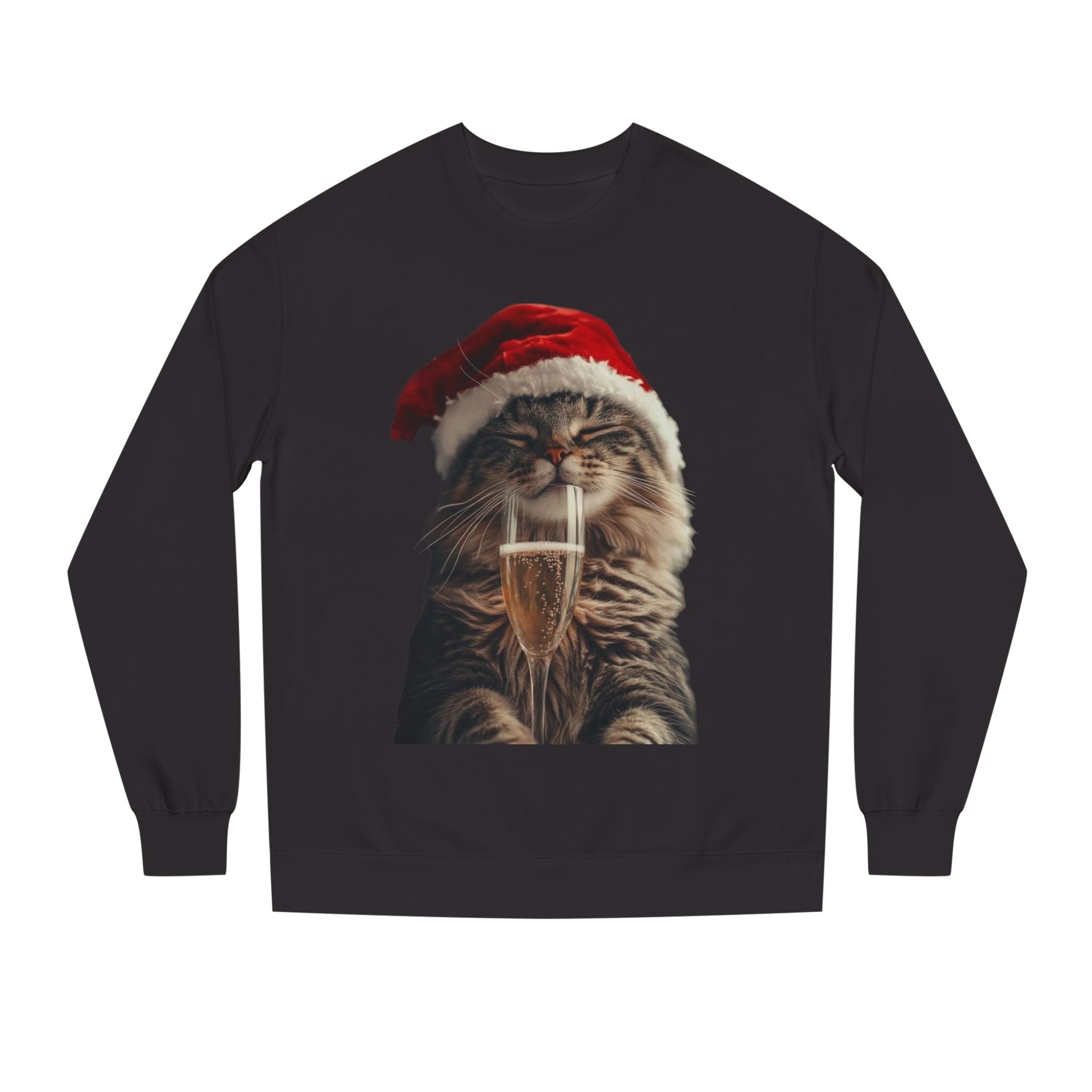 Christmas Cat Sweatshirt — Festive Cat with Santa Hat & Champagne
