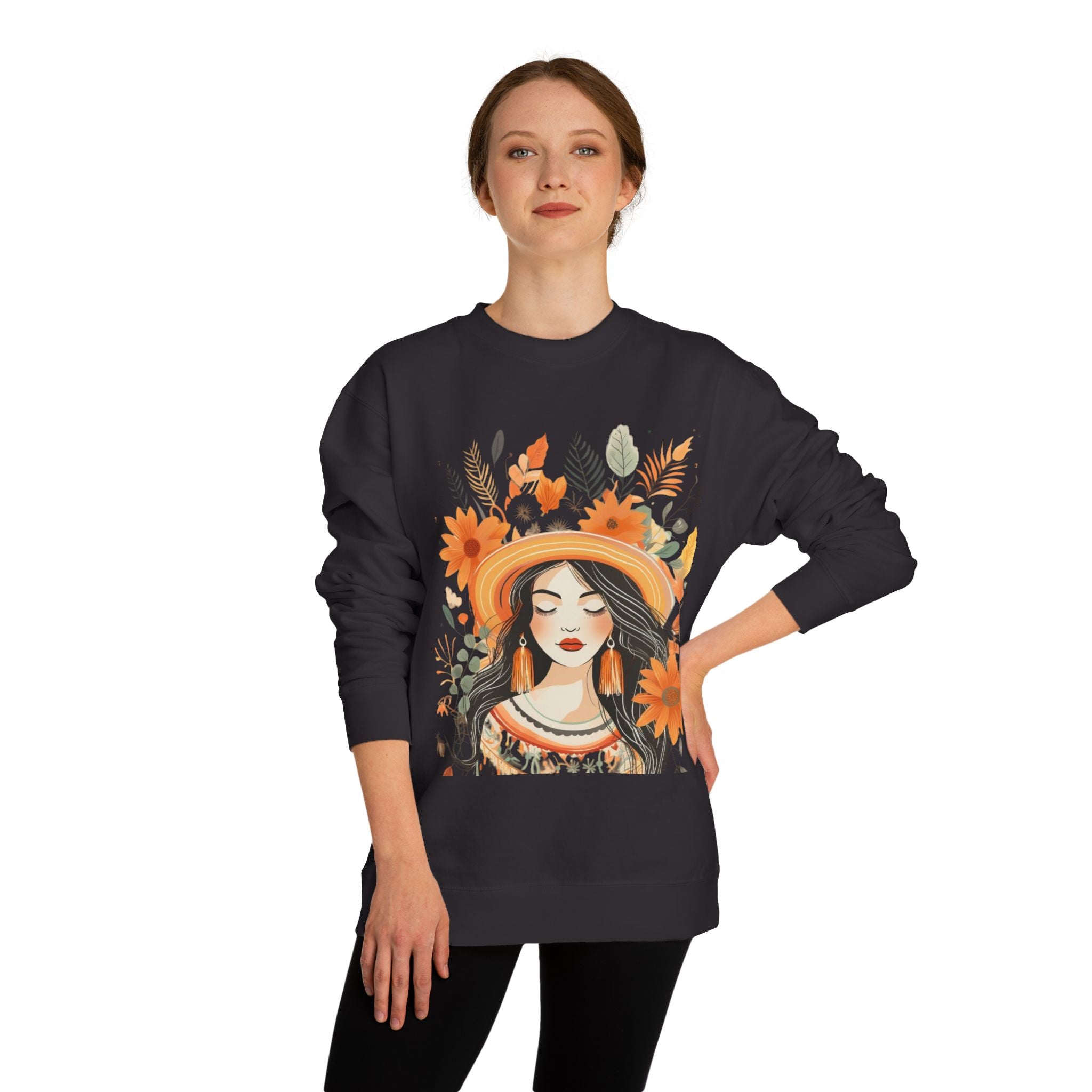 Autumn Bloom Women's Portrait Sweatshirt — Floral Hat Illustration