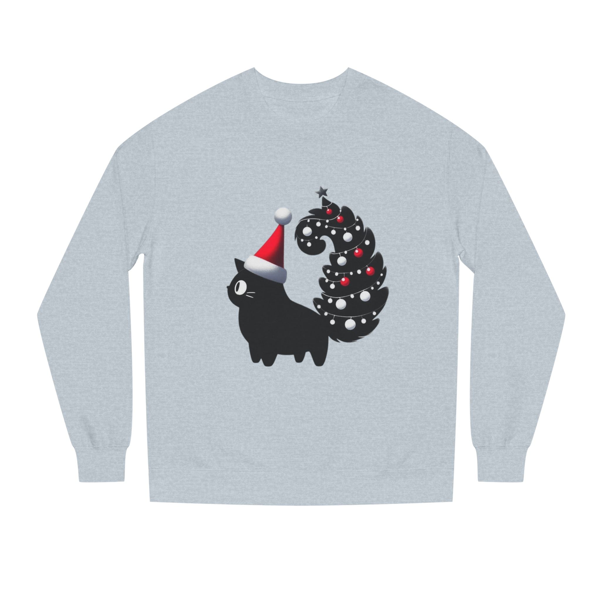 Christmas Black Cat Sweatshirt — Cute Cat with Santa Hat & Ornament Tail Holiday Crewneck