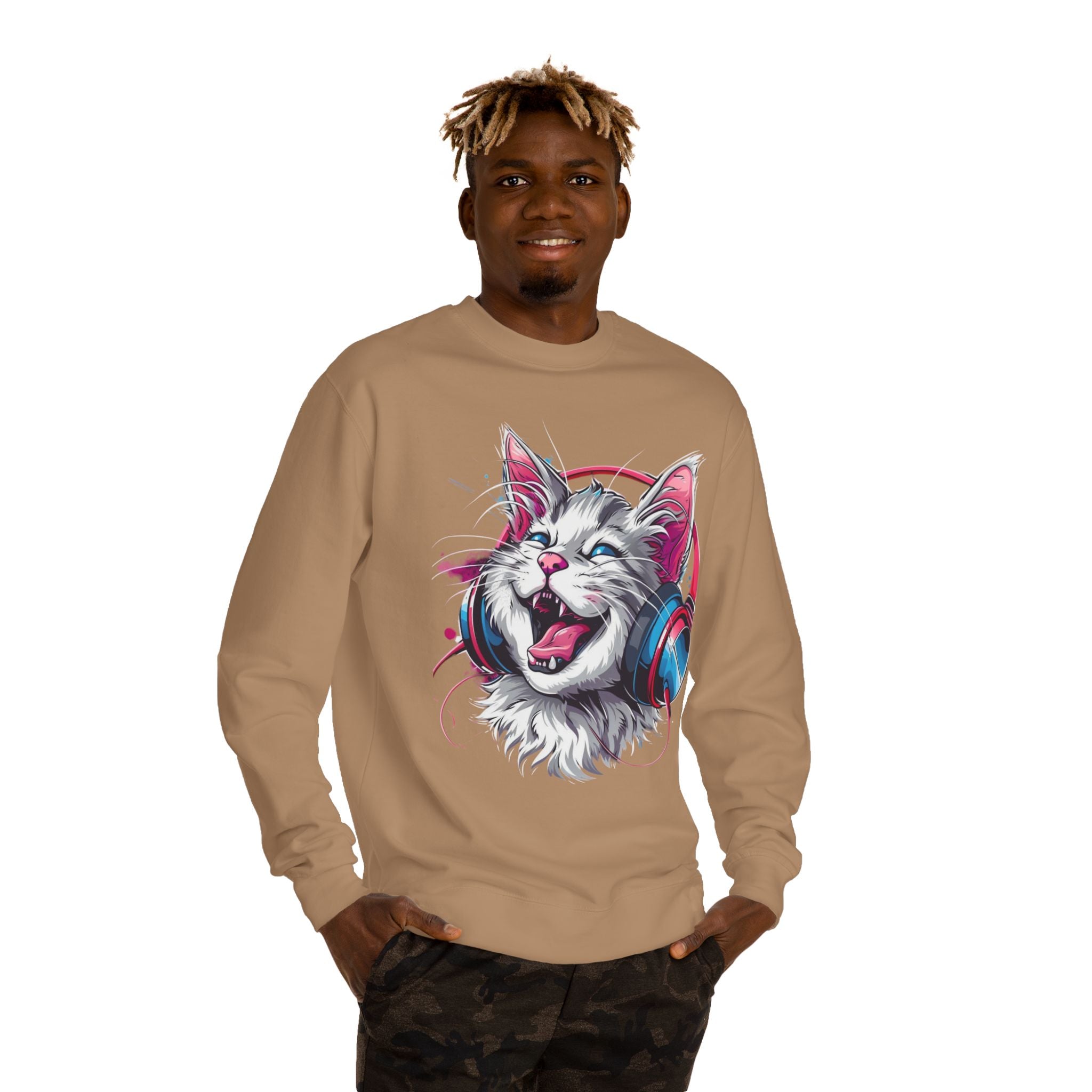 Cat with Headphones Sweatshirt — Vintage DJ Kitty Crewneck