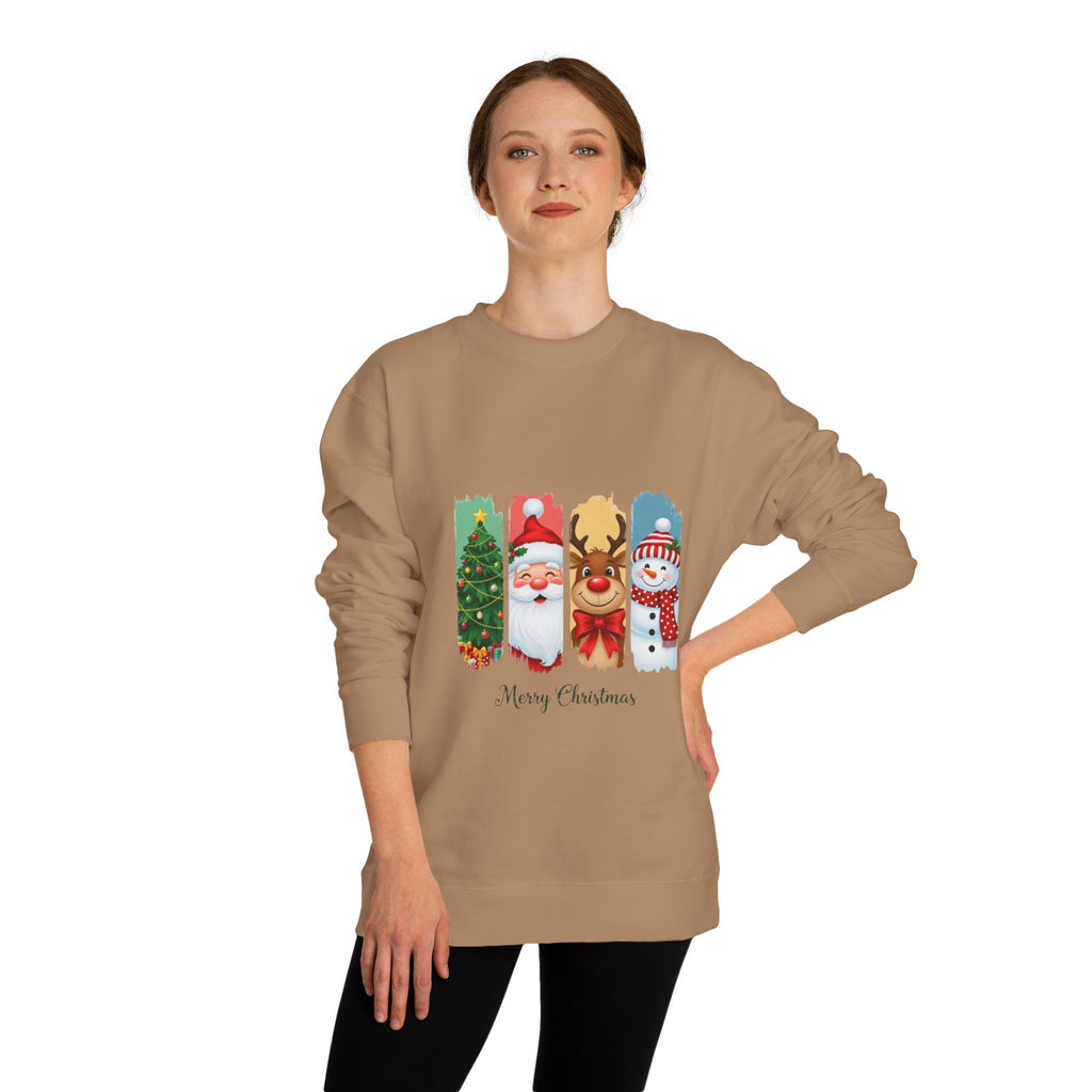Christmas Characters Crewneck Sweatshirt — Merry Christmas Tree, Santa, Reindeer & Snowman Design
