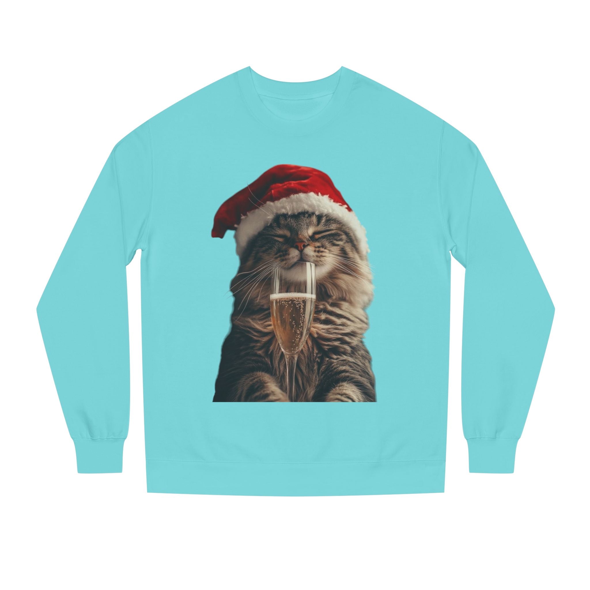 Christmas Cat Sweatshirt — Festive Cat with Santa Hat & Champagne