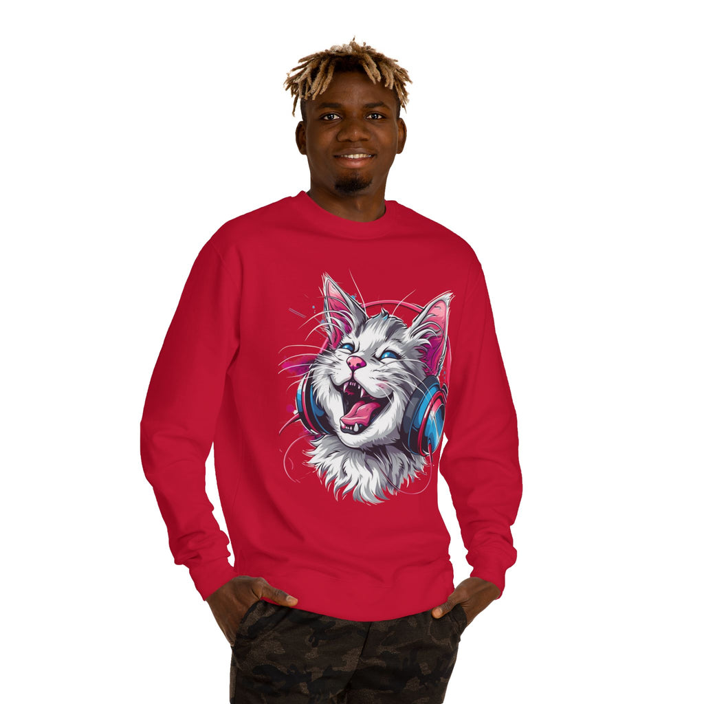Cat with Headphones Sweatshirt — Vintage DJ Kitty Crewneck