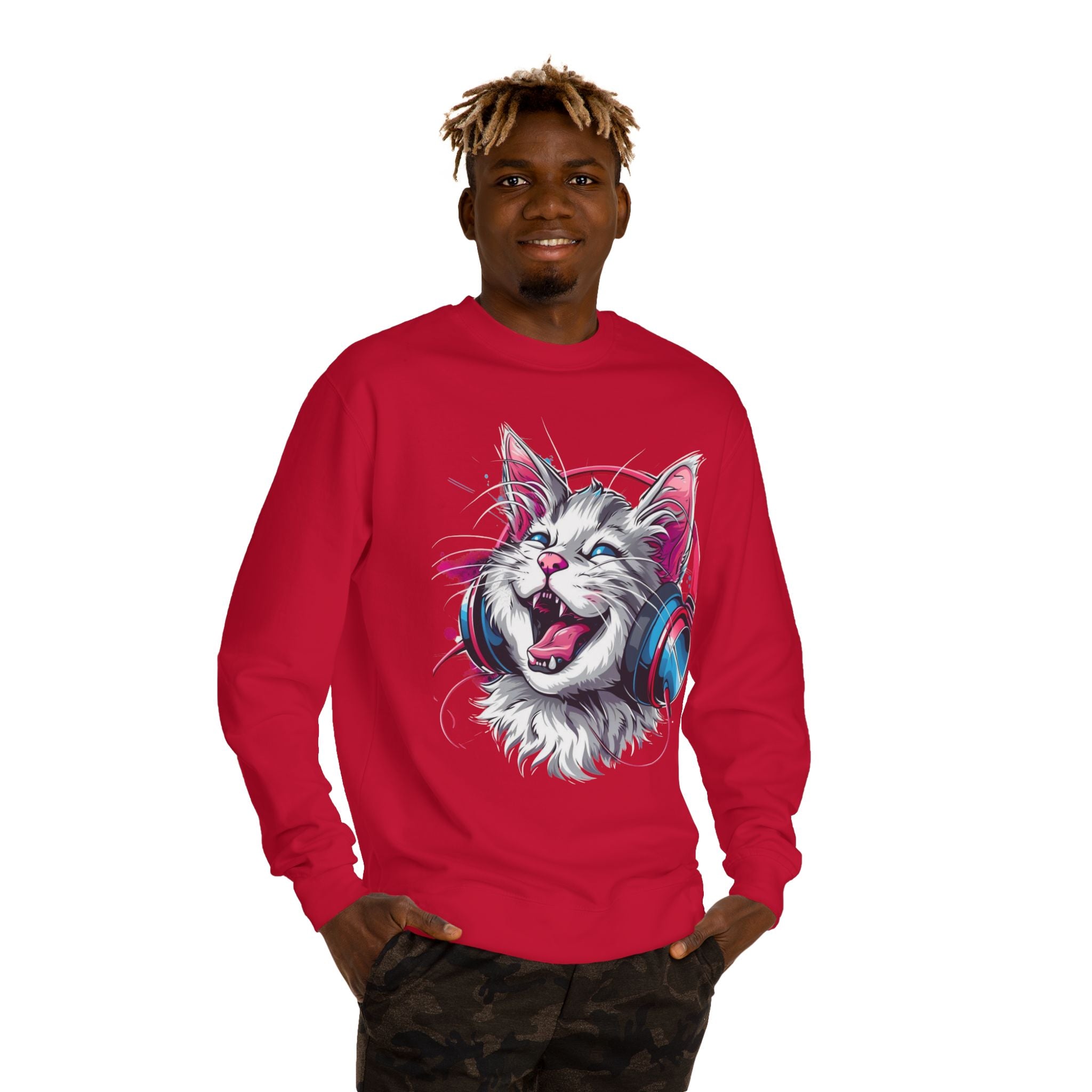 Cat with Headphones Sweatshirt — Vintage DJ Kitty Crewneck