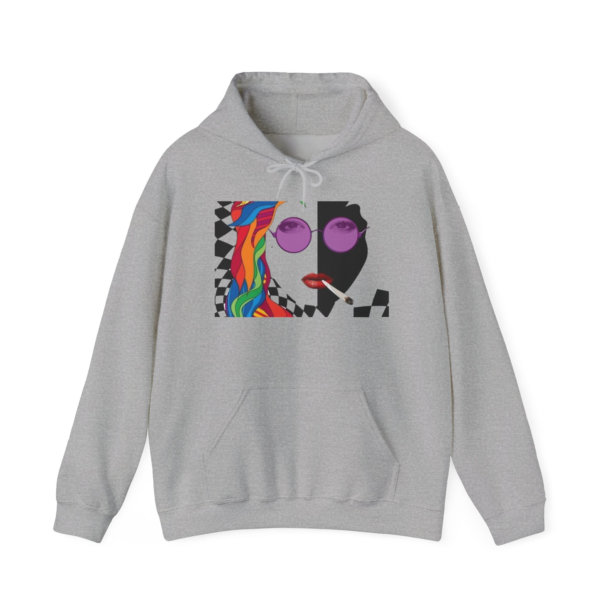 Graphic Hoodie - Retro Pop Art Face with Rainbow Hair & Checkerboard
