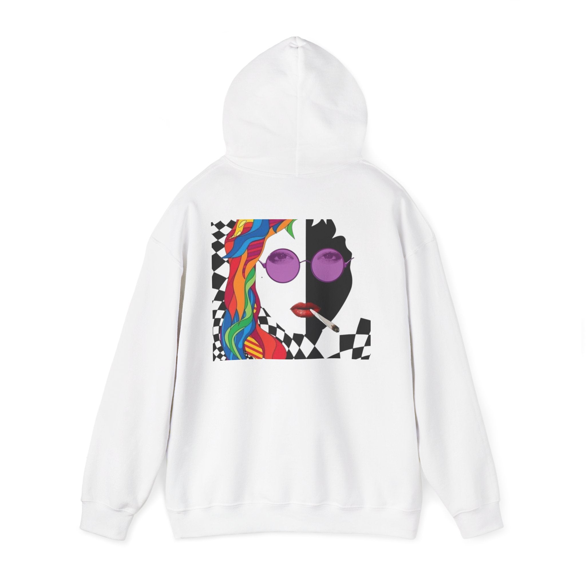 Graphic Hoodie - Retro Pop Art Face with Rainbow Hair & Checkerboard