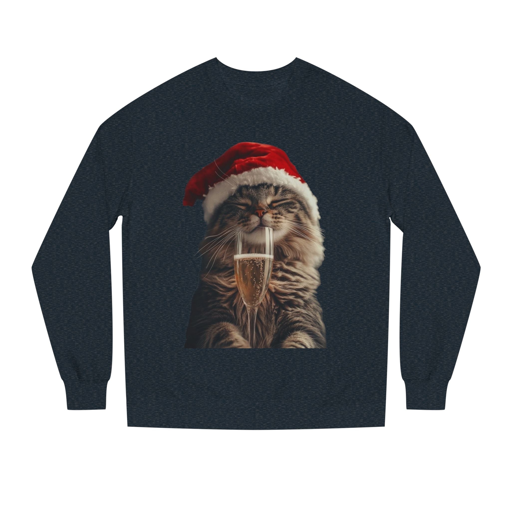 Christmas Cat Sweatshirt — Festive Cat with Santa Hat & Champagne