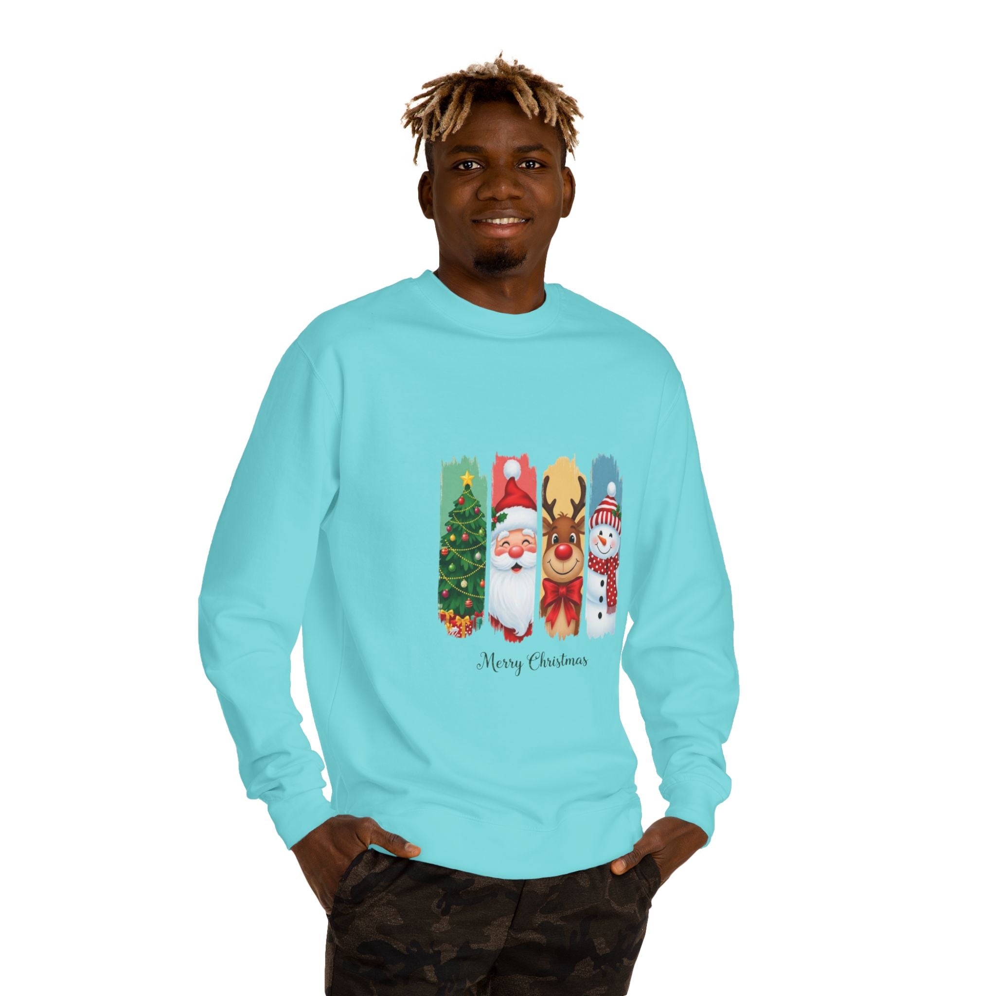 Christmas Characters Crewneck Sweatshirt — Merry Christmas Tree, Santa, Reindeer & Snowman Design
